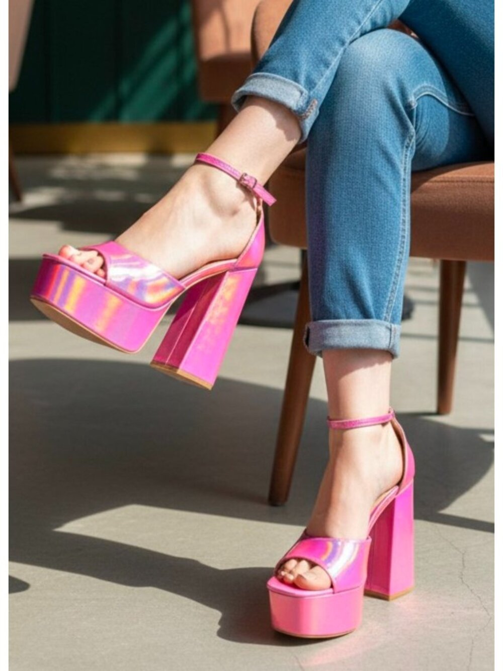 Iridescent Pink Platform Block Heel Sandals With Ankle Strap - Womens Statement - Picture 3 of 15